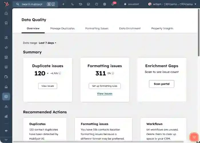 Screenshot of HubSpot's data quality overview