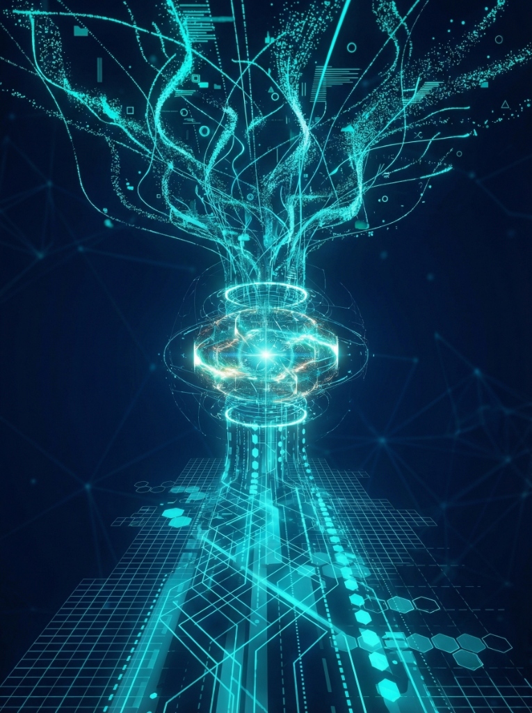 Abstract visualization of data flowing and being refined. Should convey the concept of raw data being transformed into actionable intelligence. Dark blue gradient background with glowing data streams, nodes, and connection points.