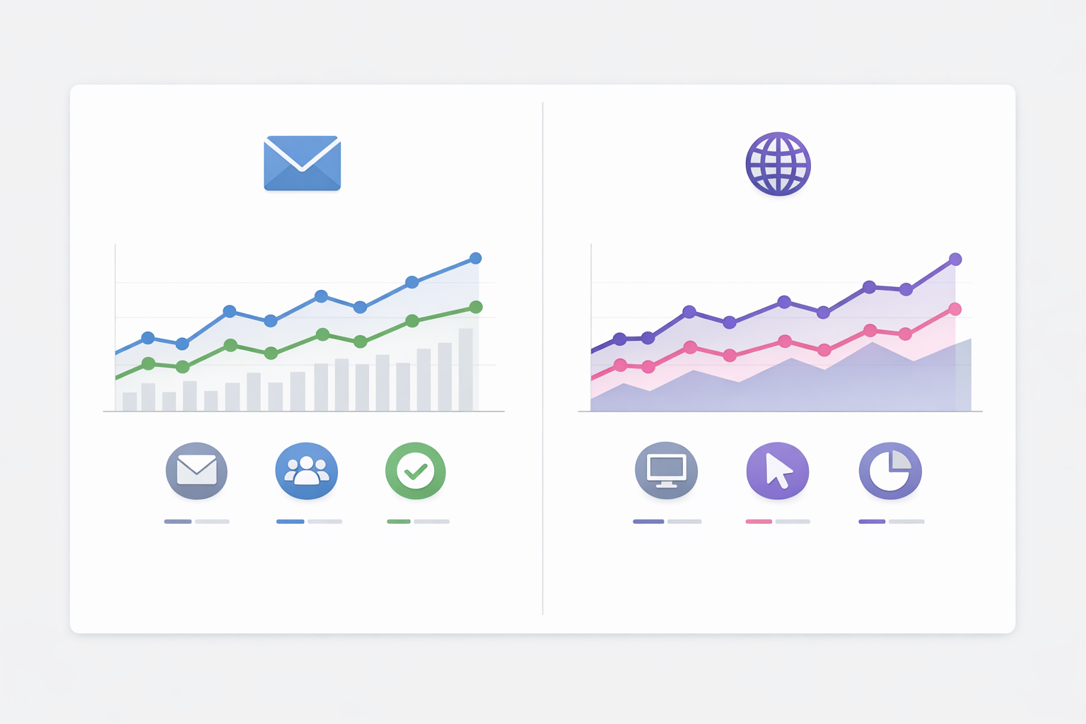 Minimalist interface displaying multi-channel communication tracking across email and web channels